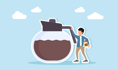Man carrying sack full of coffee beans standing near coffee machine illustration for appreciation of coffee day celebration or coffee festival