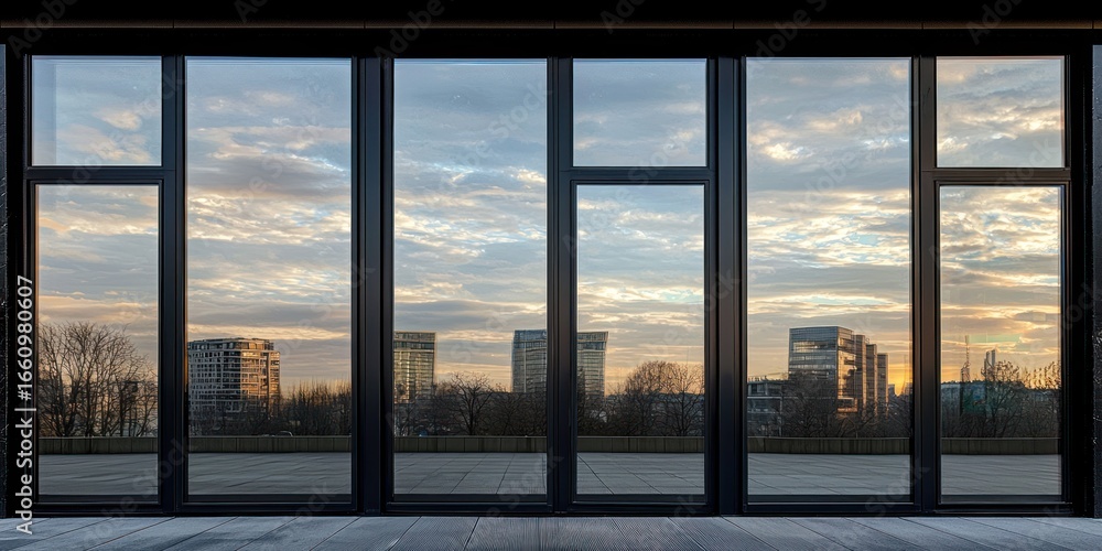 Poster a wide, dark window frame dominates the foreground, reflecting a dramatic sky filled with clouds and