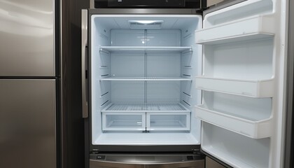 The inside of an empty, clean refrigerator with bright interior lighting is seen open wide.