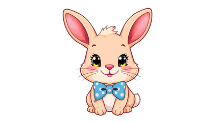 Cartoon bunny with big eyes and a blue bow tie sitting against a black background in a digital image