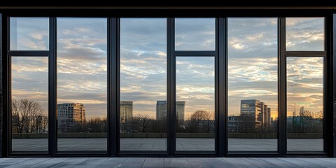 Fototapeta premium A wide, dark window frame dominates the foreground, reflecting a dramatic sky filled with clouds and the distant cityscape. The window panes create a grid pattern, framing a breathtaking sunset view. 