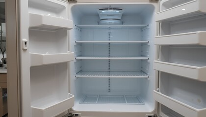 Bright white empty refrigerator with open door showcases organized shelving and interior space.