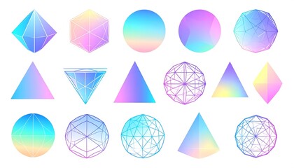Iridescent geometric shapes in pastel colors floating on a white background