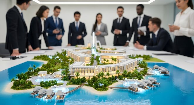 Business professionals gather around a detailed architectural model, discussing plans and strategy. - Powered by Adobe