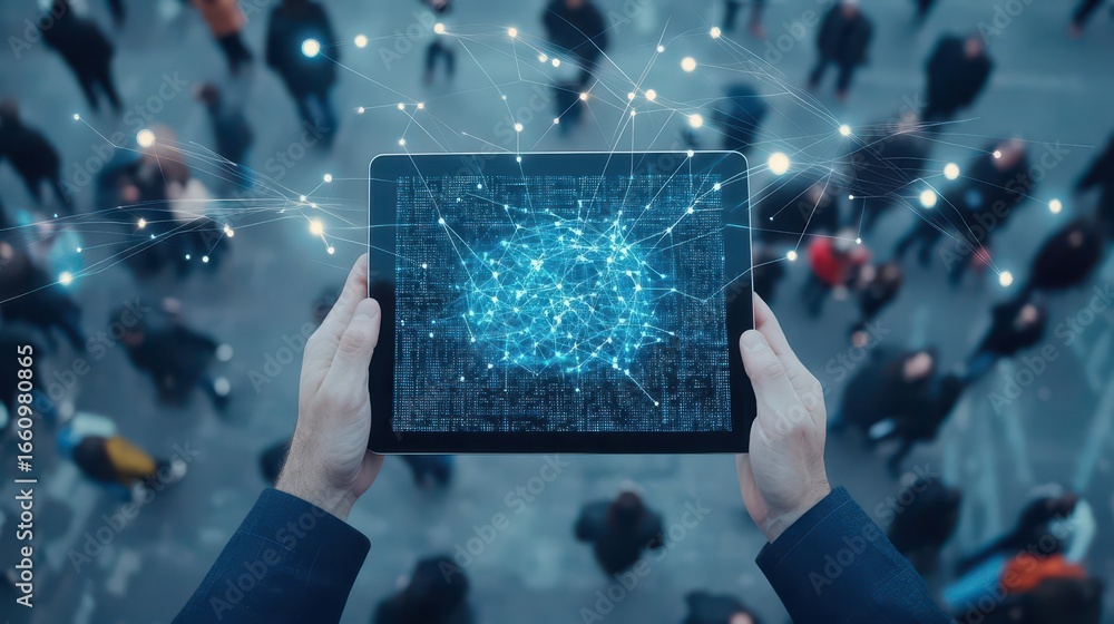 Aufkleber modern digital technology concept with a person holding a tablet displaying a connected network of d