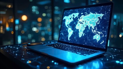 A notebook with a technological world map
