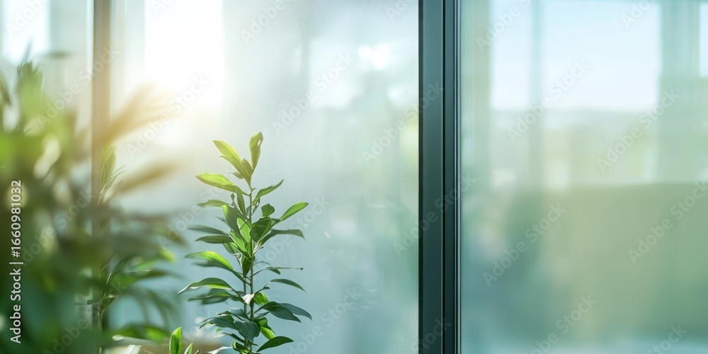 Poster a small potted plant sits in the foreground, partially obscured by a large window. sunlight streams 