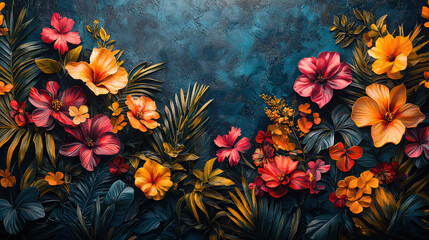 Obraz premium A vibrant tapestry of tropical flora, in hues as varied as a rainbow, adorned a sleek and dark wall, creating a striking contrast and a tropical oasis within a concrete setting 