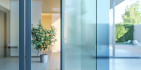 Fototapeta premium A blurred photograph showcases a modern interior with expansive glass doors leading to an outdoor patio. The glass panes create a layered effect, revealing glimpses of a lush green garden 