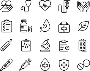 Healthcare and medical icons set, heart health, stethoscope, IV drip, pills, clipboard, microscope, thermometer, first aid, medicine, protection