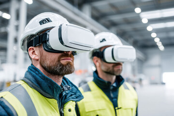Engineers with VR headsets in an empty industrial space, simulating machinery control, concept of virtual prototyping and design