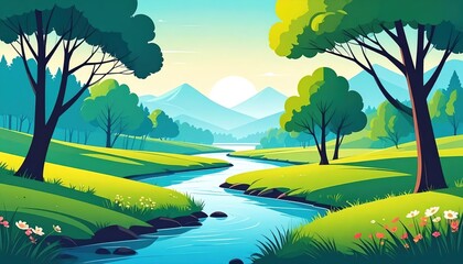 Serene landscape with flowing river surrounded by lush green trees and grass under bright blue sky with distant mountains and shining sun in a colorful cartoon style