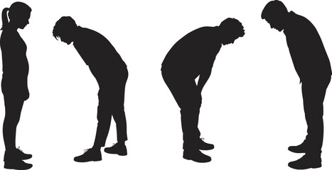 Silhouette people bending forward, tired man, exhausted woman, fatigue concept, human posture, stressed body, burnout, depression, health problem, vector illustration.