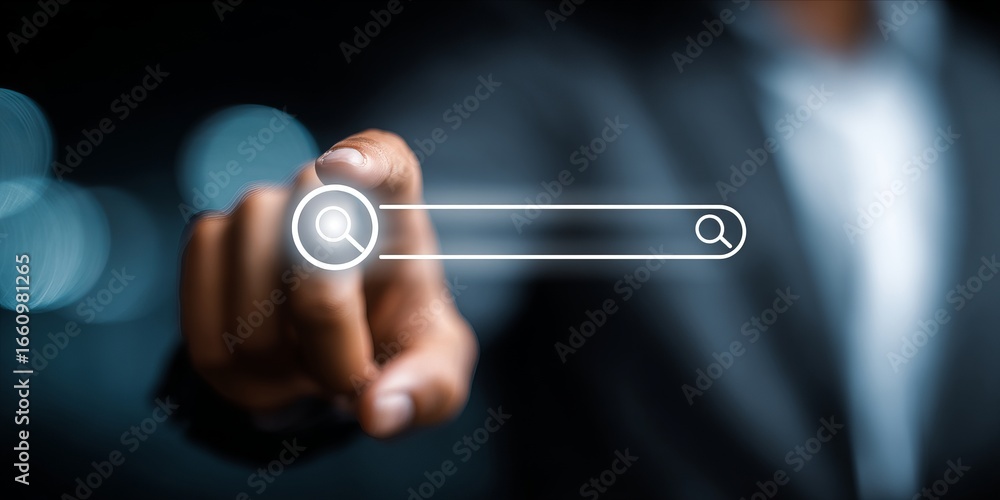 Poster businessman interacting with digital search bar in a modern virtual interface environment