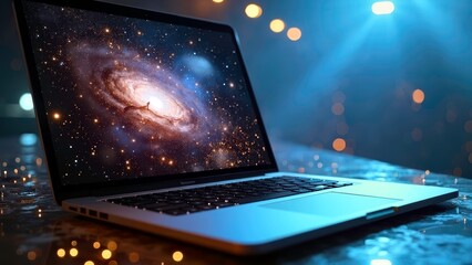 A technological notebook with cosmic patterns