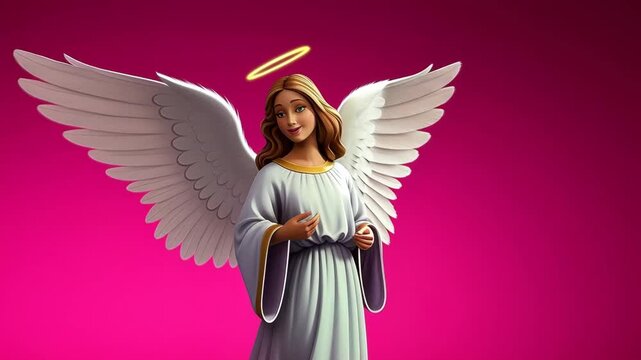 Angelic figure with outspread wings against vibrant pink background