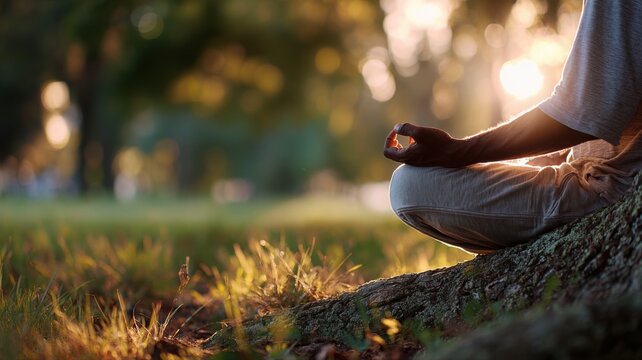 Young man meditating under a tree in soft sunlight