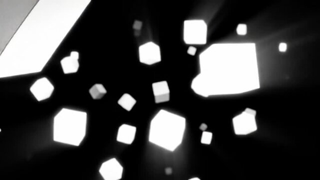 Abstract composition of floating cubes in a dark space with light rays creating depth