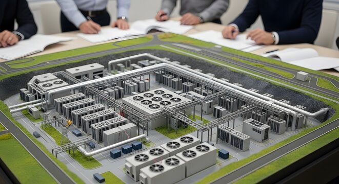 Businesspeople review a detailed model of a large-scale data center complex.