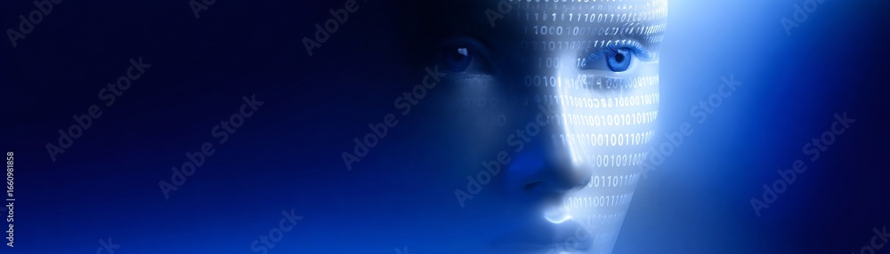 Poster futuristic humanoid ai face emerging from glowing binary code, abstract digital atmosphere, copyspac