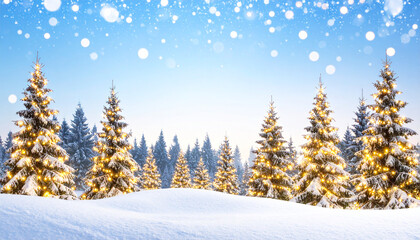 Fototapeta premium Snowy Forest Christmas Background with Glowing Pine Trees
