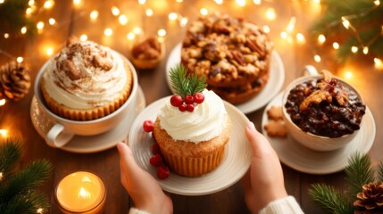 A cozy arrangement of festive desserts, including cupcakes and pastries, surrounded by candles and pinecones, creating a warm holiday atmosphere.