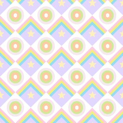 A magical and whimsical seamless pattern featuring a delightful mix of chevron stripes, soft pastels, stars, and circles.