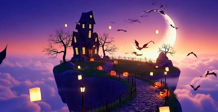 4K Animated Floating Halloween Island with Haunted House, Glowing Pumpkins, and Crescent Moon Slow Zoom Cinematic Loop