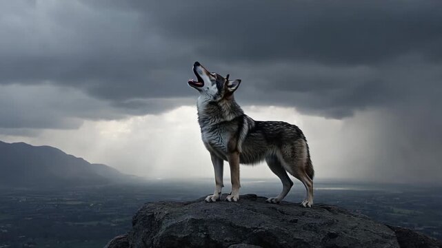 Wolf Howling on Mountain Rock Under Storm Clouds