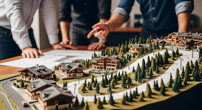 Architects collaborating on a detailed architectural model of a luxury mountain resort development.