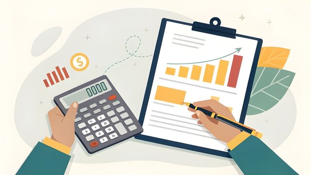 Person analyzing financial data and charts with calculator and pen