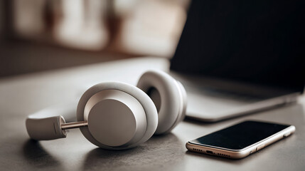 A set of noise canceling headphones rests near a phone and a laptop on a sleek desk setup.