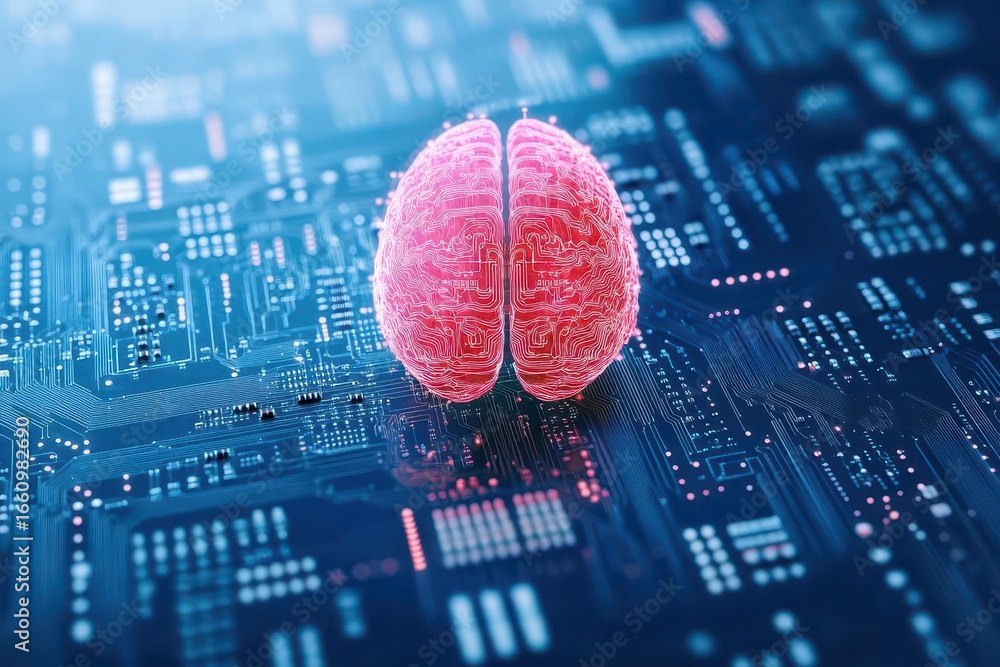 Aufkleber close-up of a realistic human brain model with pink cerebrum and cerebellum on a digital circuit boa