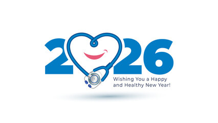 2026 Happy and healthy New Year wishes card design. Medical health care creative concept.