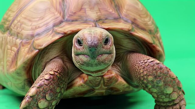 Front view of a large land tortoise with textured shell against a bright green background, looking forward