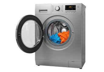 Washing machine with open door and clothes isolated on transparent background