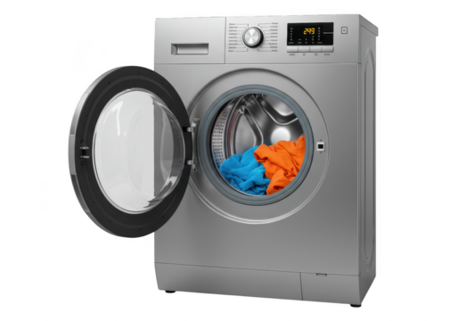 Washing machine with open door and clothes isolated on transparent background