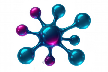 Molecular structure linking iridescent blue-purple spheres, representing interconnected scientific research on transparent background