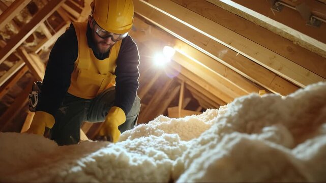 Construction worker insulating attic in residential home during daylight hours