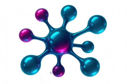 Molecular structure linking iridescent blue-purple spheres, representing interconnected scientific research on transparent background