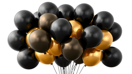 A bunch of black and gold balloons clustered together against a stark black background for celebration