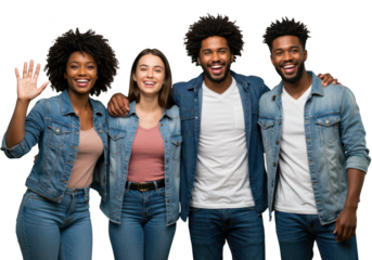 Diverse group of happy young friends smiling together isolated on transparent background
