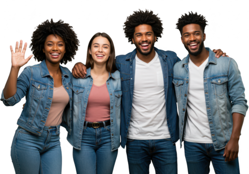 Diverse group of happy young friends smiling together isolated on transparent background - Powered by Adobe