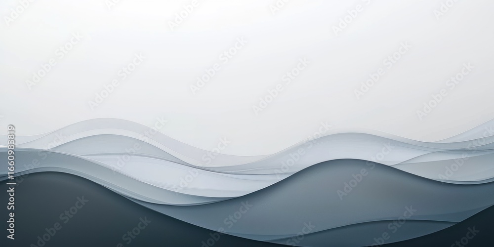 Poster a dark, abstract landscape features flowing, undulating waves of gray and blue, creating a sense of 