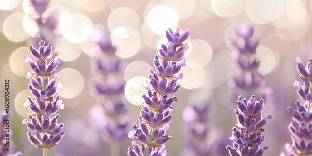 Poster a close-up photograph showcases a cluster of lavender stems, softly blurred with bokeh lights, creat