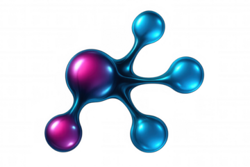 Pink and blue spheres are connecting, creating an abstract molecule structure on a transparent background, ideal for scientific or technological projects