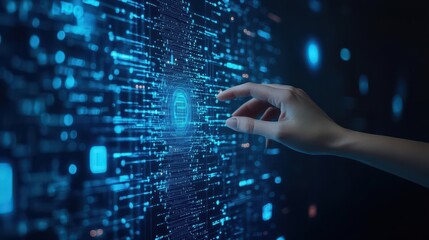 Fototapeta premium Human hand interacting with a futuristic digital interface displaying data and holographic elements in a high-tech environment for innovation and technology concepts