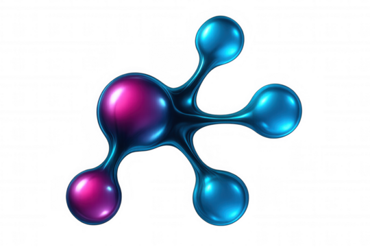Pink and blue spheres are connecting, creating an abstract molecule structure on a transparent background, ideal for scientific or technological projects