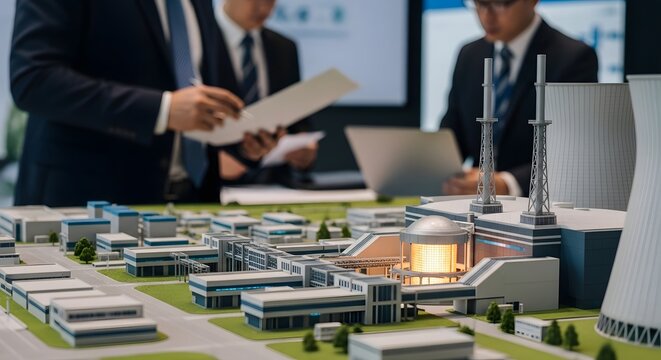 Businessmen reviewing a detailed scale model of a nuclear power plant complex.