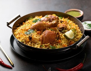 Flavorful biryani dish featuring tender chicken and rich seasoning